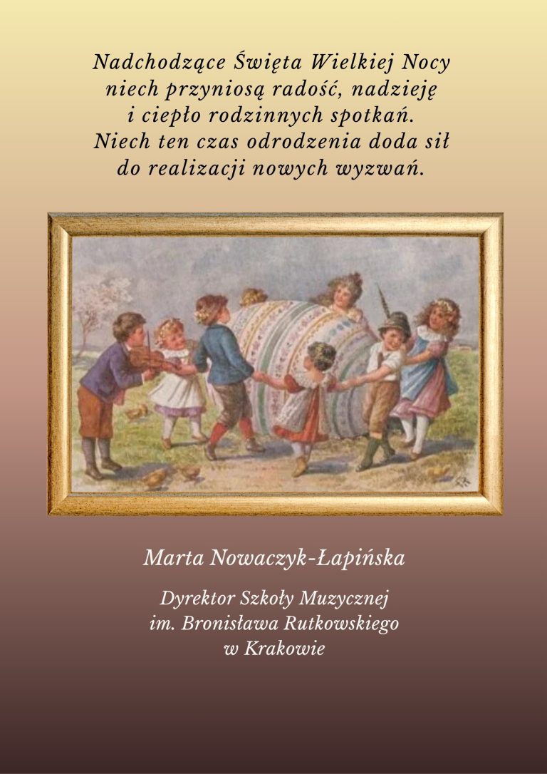 Kartka wielkanocna z życzeniami od dyrektor szkoły, przedstawiająca ilustrację dzieci toczących duże, ozdobione jajko w stylu retro, w złotej ramie.